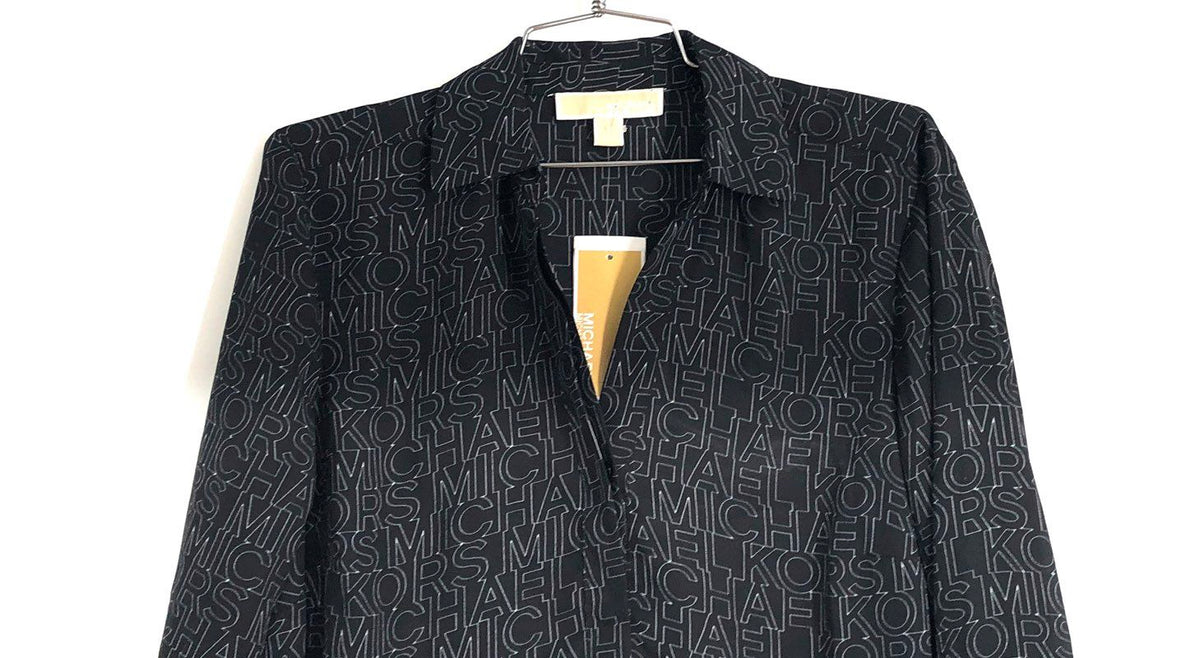 MICHAEL Michael Kors Women's Logo Print Button Down Blouse Black NWT Sz S