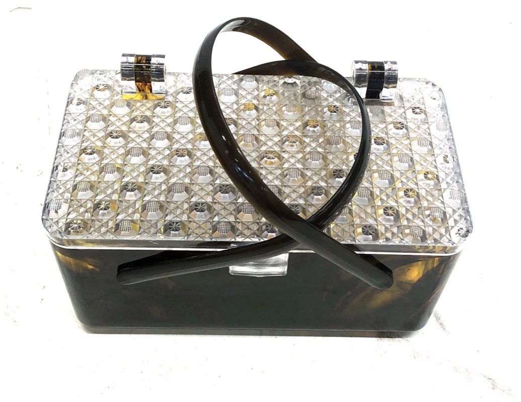 Vintage 60s Lucite Box Bag Tortoiseshell Marbled Clear Faceted Lid Handbag