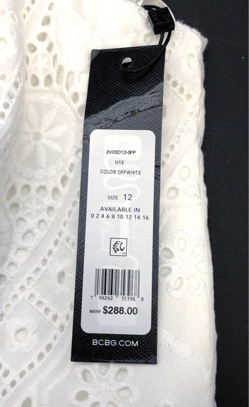 BCBGMAXAZRIA Women's Off White Eyelet Cutout V-Neck Midi Dress Sz 12 NWT