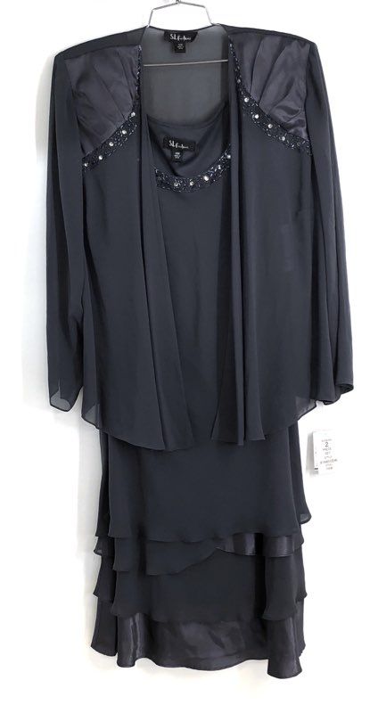 S.L. Fashions Women's Steel Gray 2 Piece Chiffon Beaded Dress Set NWT Sz 14W
