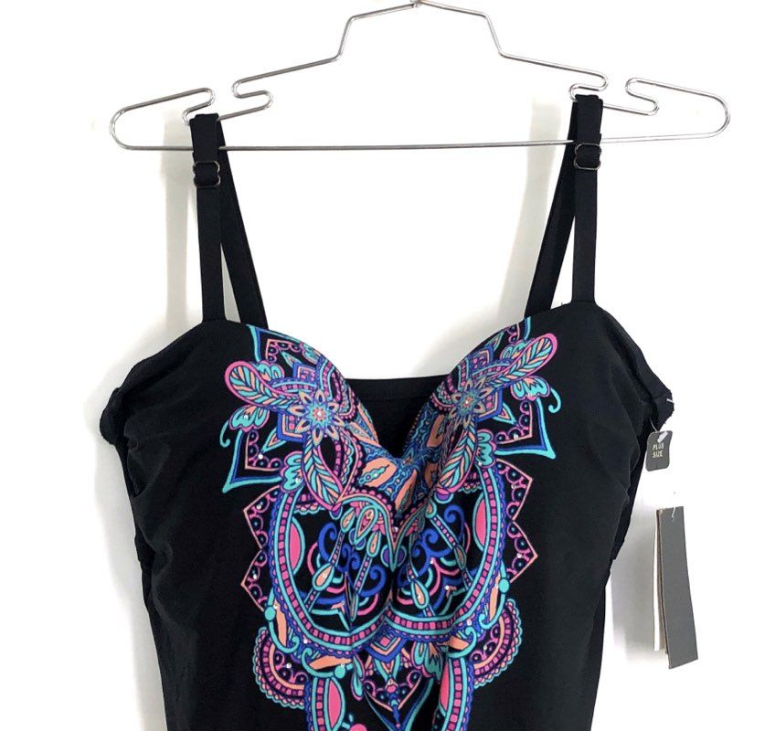 Kenneth Cole Reaction Women's Black Mandala Tummy Control Swimsuit 1X NWT