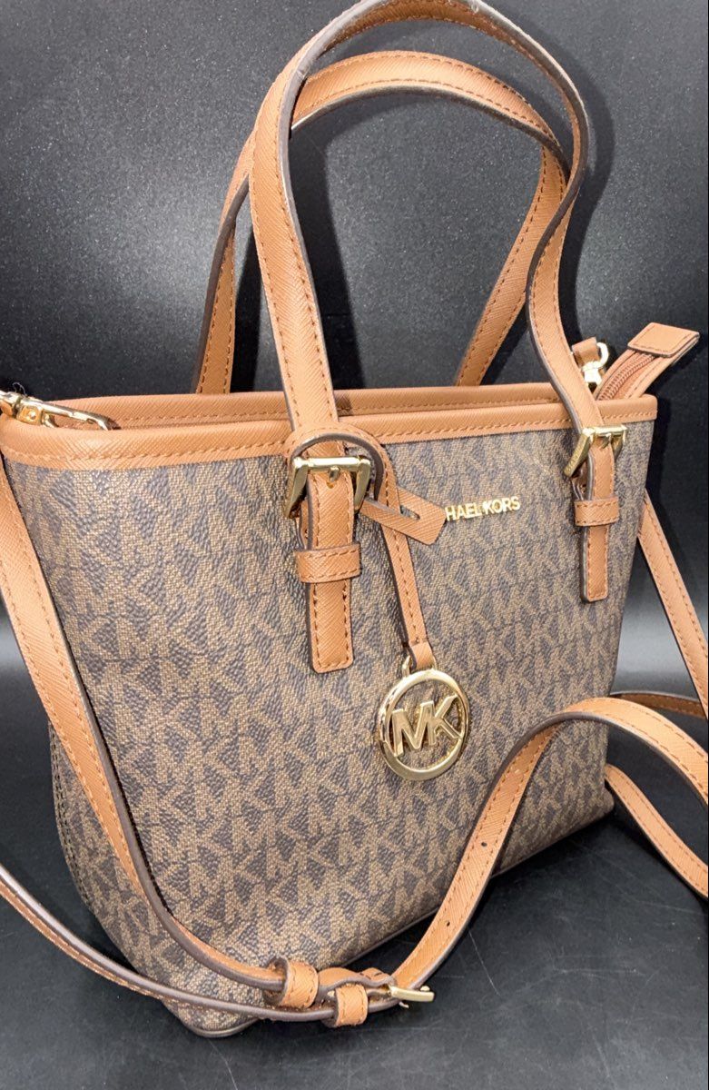 Michael Kors Brown Monogram Jet Set Travel Medium Top Zip Tote Gold Hardware
