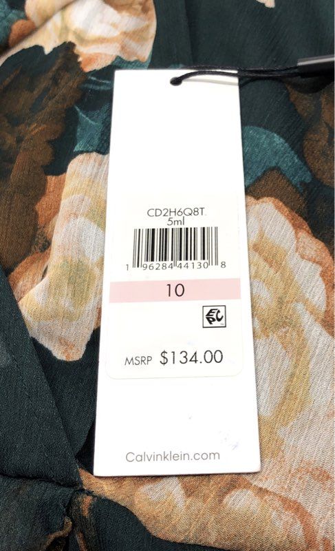 Calvin Klein Women's Green Rose Floral Ruffle Hi-Low Dress Flutter Sleeve NWT 10
