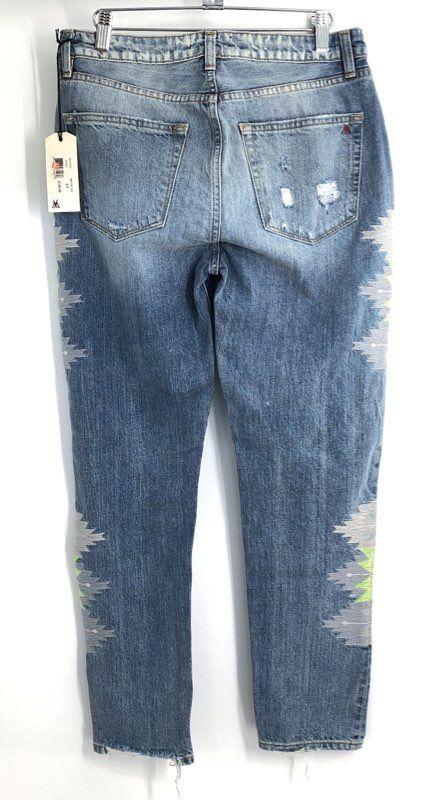 MM Vintage Women's Blue Distressed Boyfriend Embroidered Geometric Jeans 27 NWT