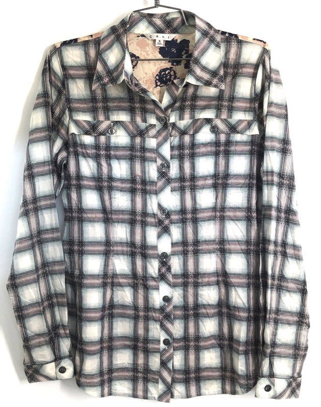 Cabi Women's Plaid Floral Contrast Back Button Front Cotton Shirt Blouse Sz S
