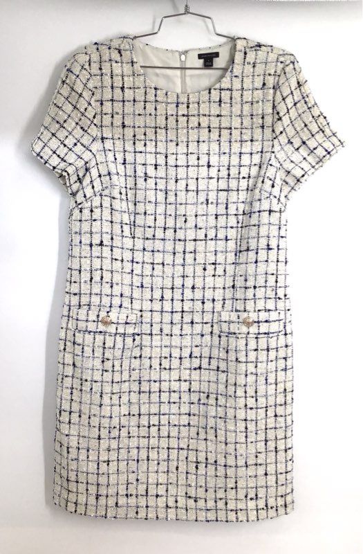 Ann Taylor Women's Cream Blue Black Plaid Grid Tweed Sheath Dress Sz 8 NWT