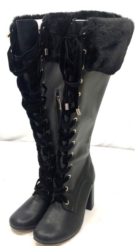 Nanette Lepore Black Faux Leather Fur Trim Lace Up Knee High Boots Size 10