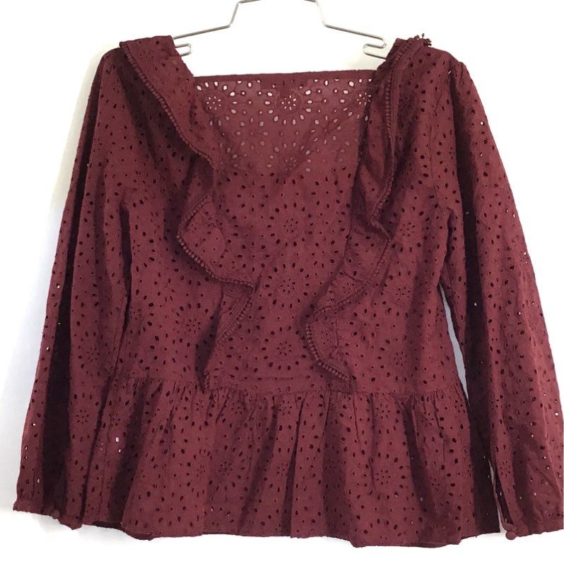 Madewell Women's Burgundy Eyelet Ruffle Peplum Blouse Sz XS