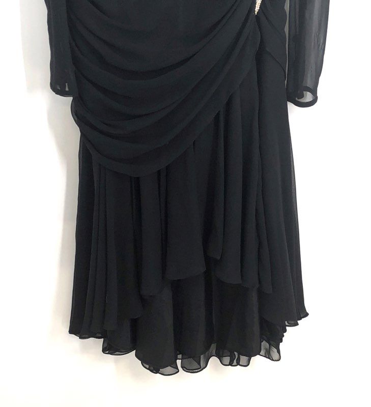 Vintage 90s Elissa Womens Black Ruched Chiffon Cocktail Dress Sz 14