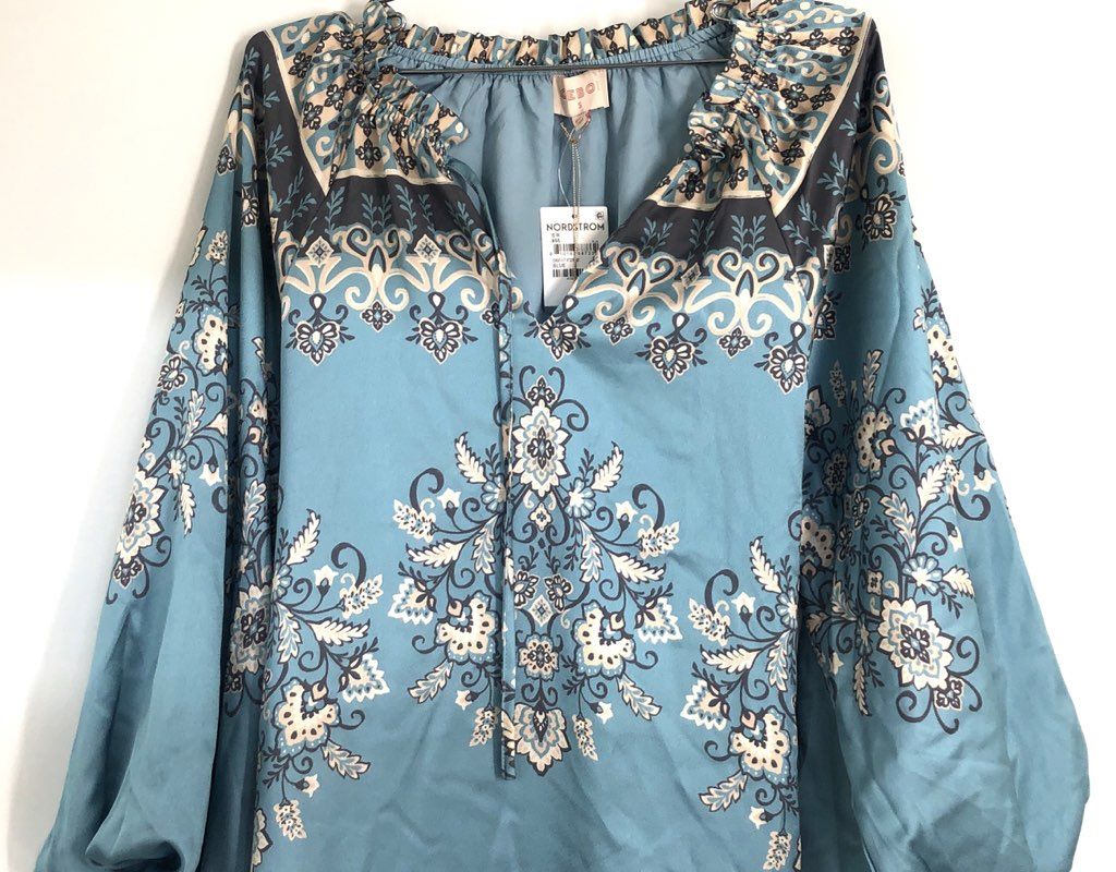 Ciebon Women's Blue Floral Medallion Bishop Sleeve Tunic Dress NWT Size S
