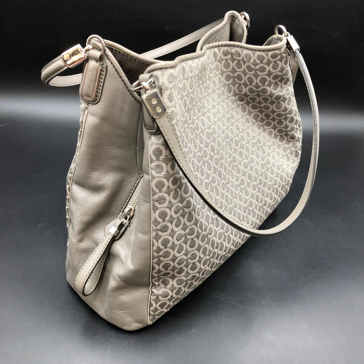 Coach Grey Madison Op Art Needlepoint Burrow Shoulder Bag Silver Hardware COA