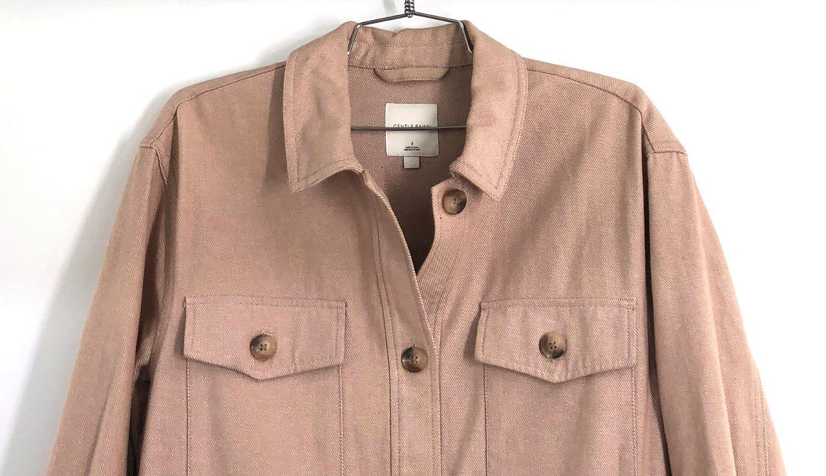 Gentle Fawn Women's Tan Frayed Hem Cotton Button Up Shirt Jacket Shacket Sz S