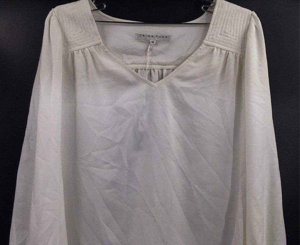 Trina Turk Women's White Jana Top V-Neck Ruffle Bell Sleeve Blouse Sz S NWT
