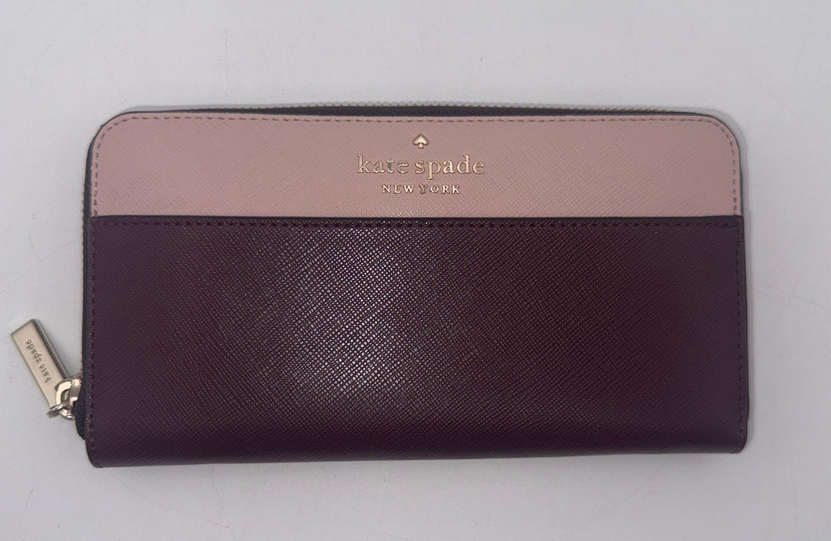 Kate Spade Pink Burgundy Saffiano Leather Zip Around Continental Long Wallet