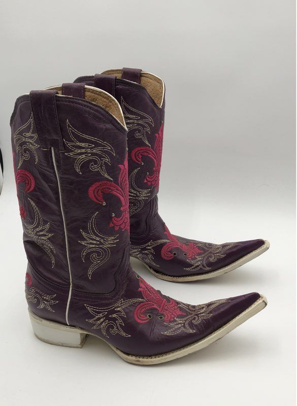 Botas Aguila Real Purple Pink Fleur De Lis Embroidered Cowboy Boots Sz 8.5