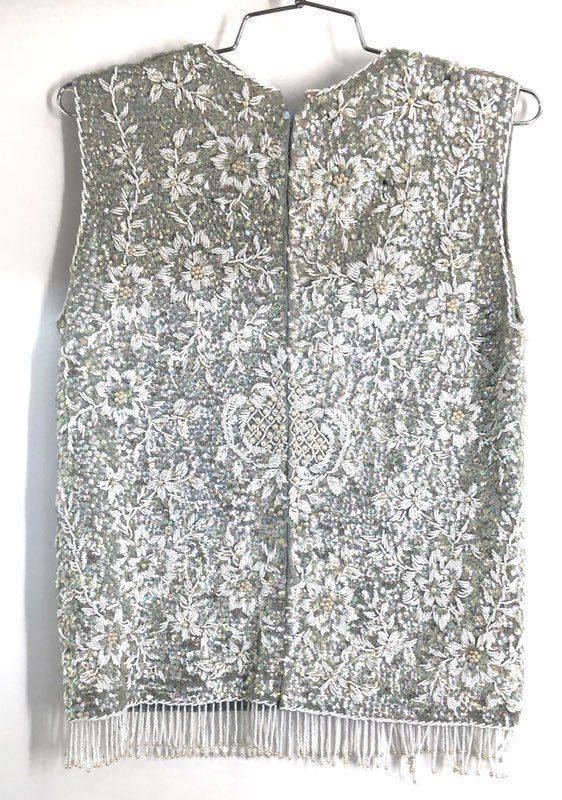 Vintage 60s Tack Yuen Hand Beaded Sequin Floral Fringe Sleeveless Top Sz M