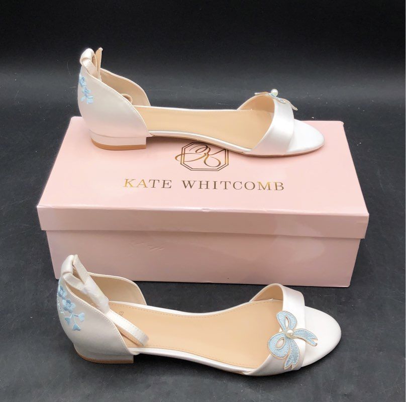 Kate Whitcomb Something Blue Ivory Satin Bow Bridal Wedding Flats Size 8 NIB
