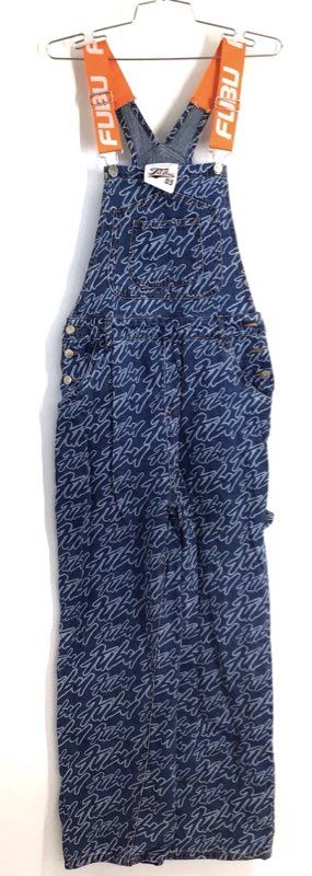Forever 21 Women's Blue Denim All Over Print Script Logo Overalls Sz S