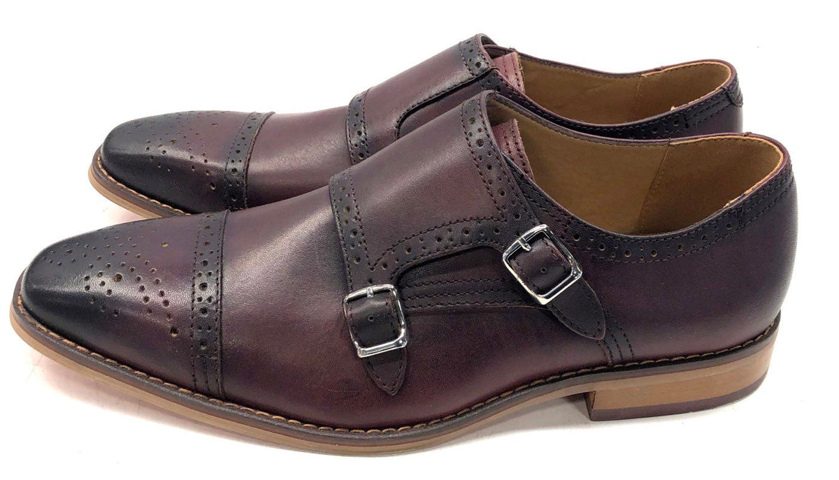 La Milano Men's Burgundy Burnished Double Monk Strap Brogue Dress Shoes Size 10