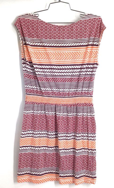 LOFT Women's Maroon Orange Geometric Striped Elastic Waist Jersey Dress Sz S
