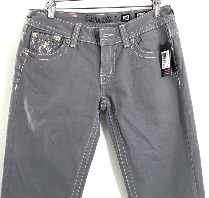 Miss Me Women's Slate Gray Embellished Skinny Jeans Contrast Stitch Sz 28 NWT