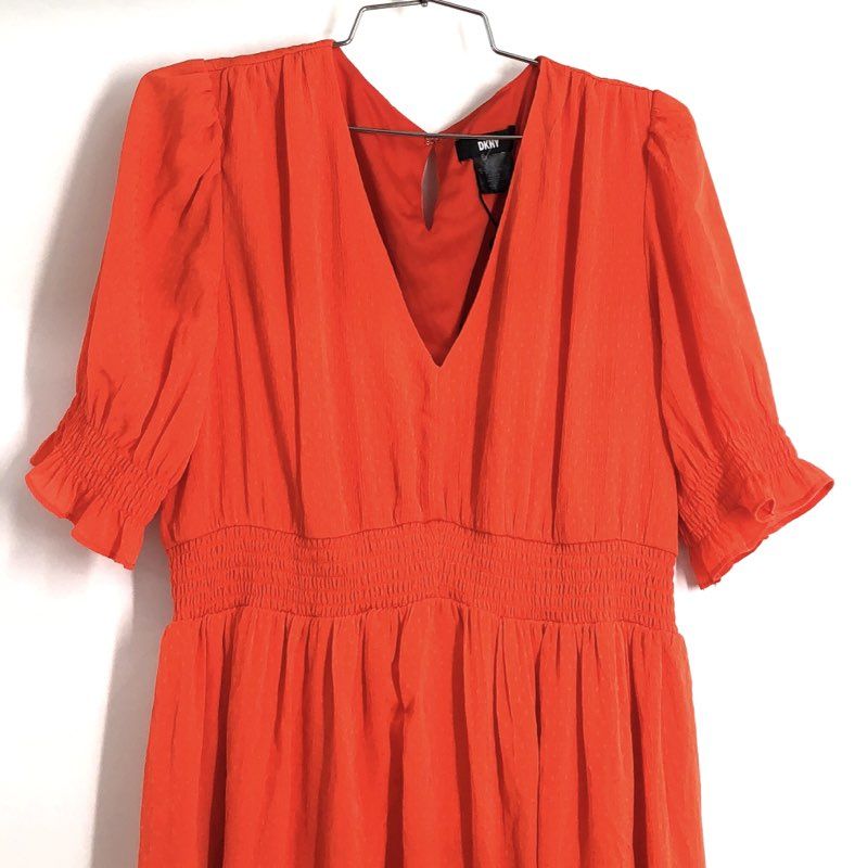 DKNY Women's Orange Smocked Waist Textured Midi Dress V-Neck NWT Sz 12