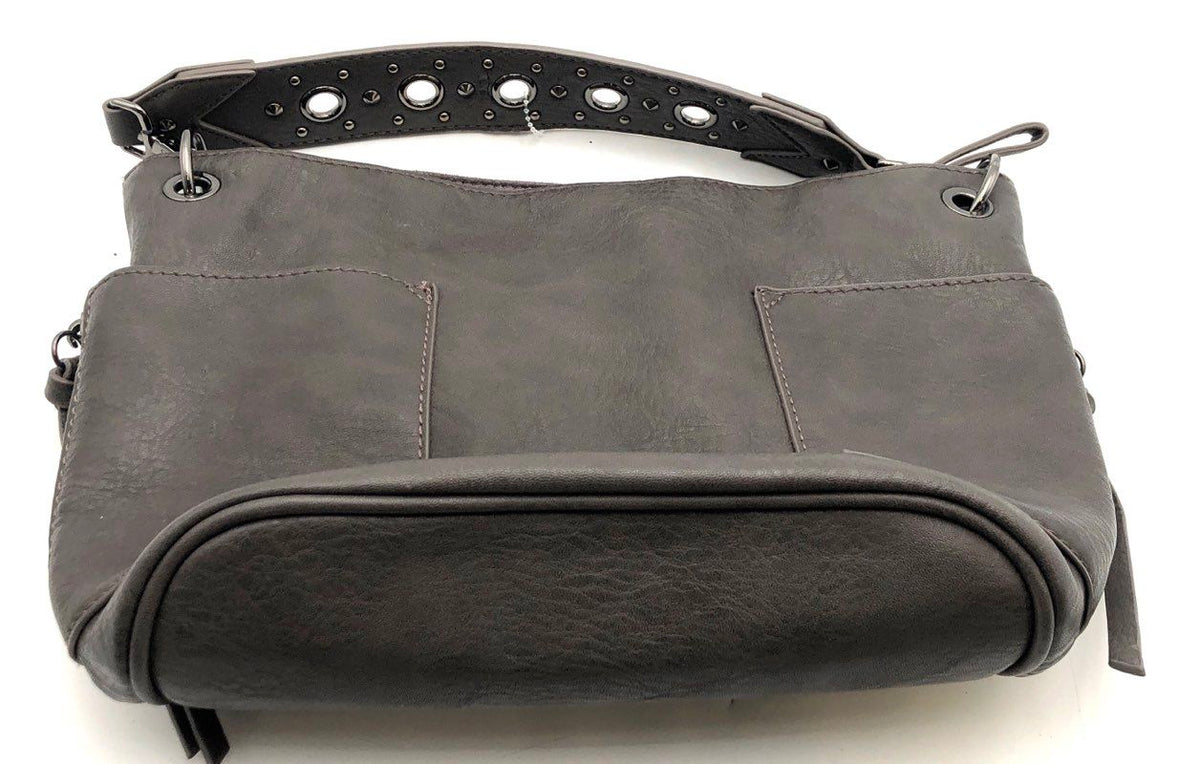 Steve Madden Charcoal Grey Faux Leather Grommet Strap Shoulder Hobo Bag