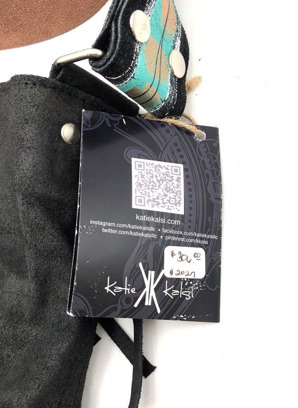 Katie Kalsi Black Suede Boho Fringe Crossbody Bag Painted Artisan Strap NWT