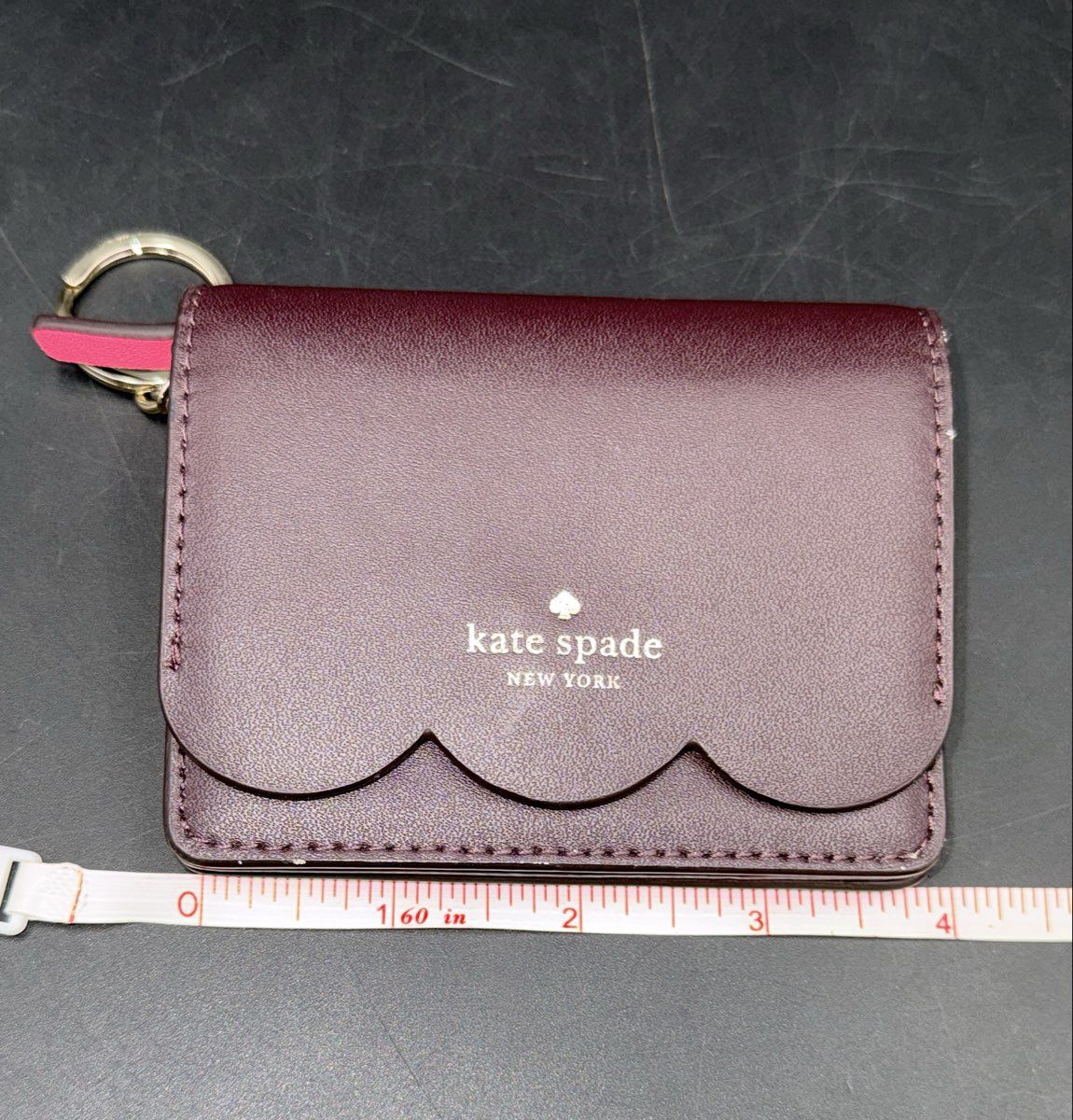 Kate Spade Burgundy Plum Scallop Leather Card Case Keychain Wallet Pink Interior