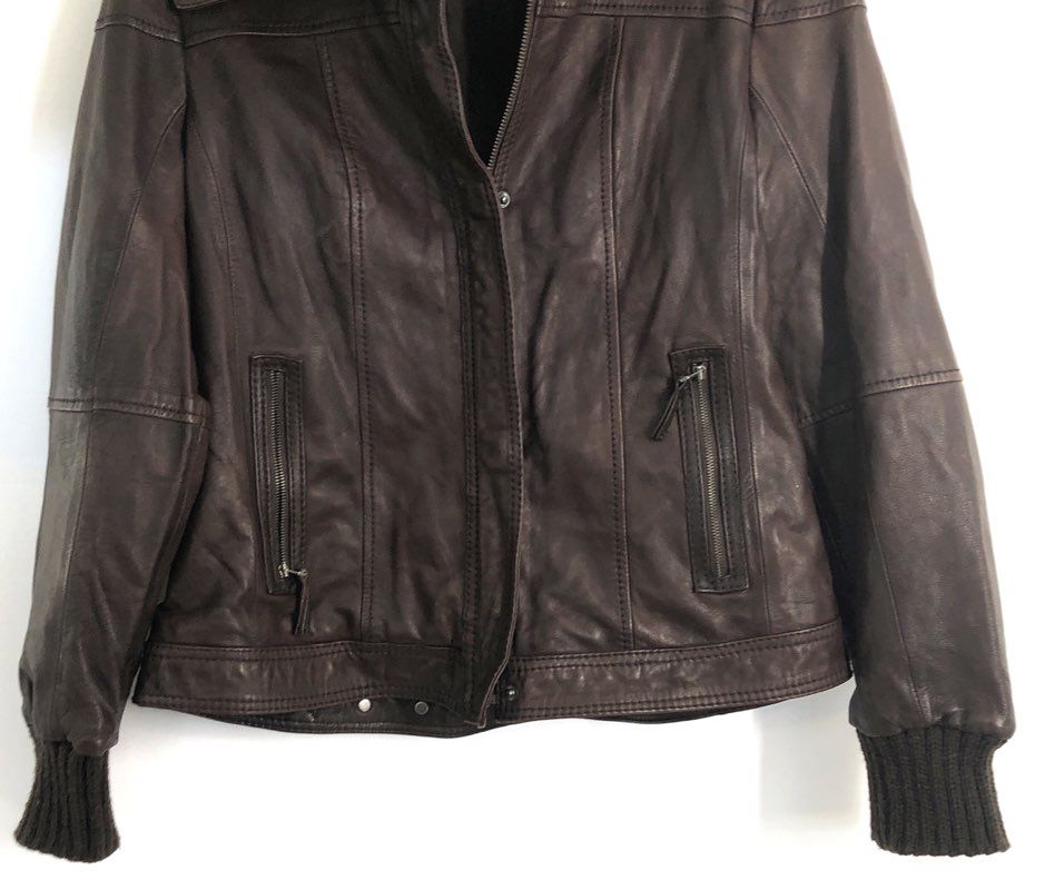 Eddie Bauer Women's Brown Lamb Leather Knit Trim Bomber Jacket Sz L