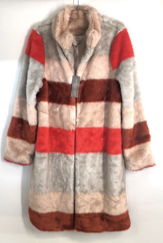 Eva Mendes Women's Multicolor Striped Colorblock Faux Fur Coat NWT Size M