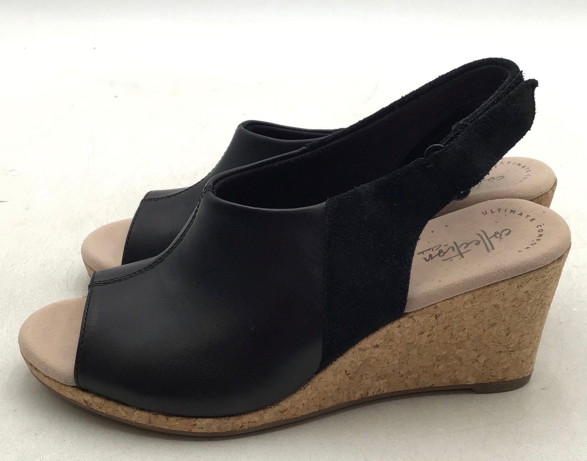 NWT Clarks Women&#39;s Black Wedge Slingback Sandal - Size 7W