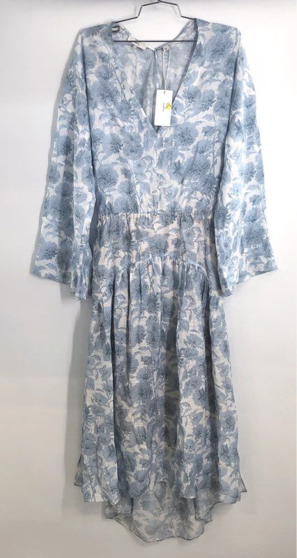 Vince Women's Blue White Floral Rayon V-Neck High-Low Cut-Out Back Dress L NWT