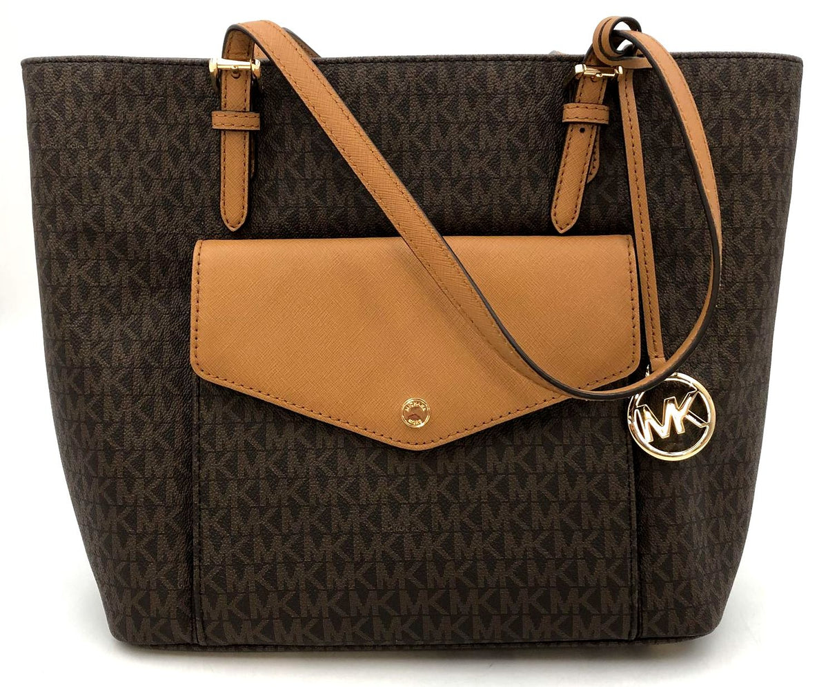 Michael Kors Jet Set Brown Signature Print Tote with Gold-Tone Accents (+COA)