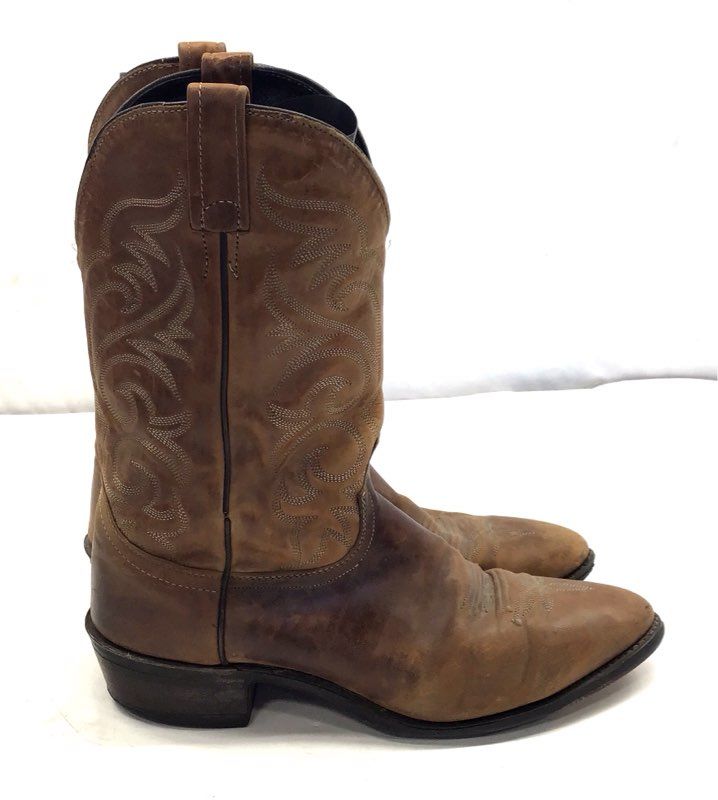 Vintage Tan Leather Western Cowboy Boots Pointed Toe Stitching Size 12 D
