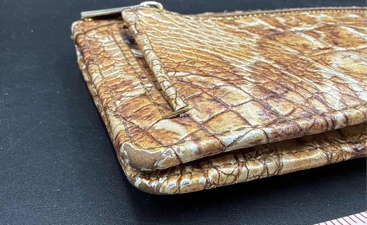 Brahmin Tan Gold Croc Embossed Leather Slim Tri-fold Wallet Gold Hardware