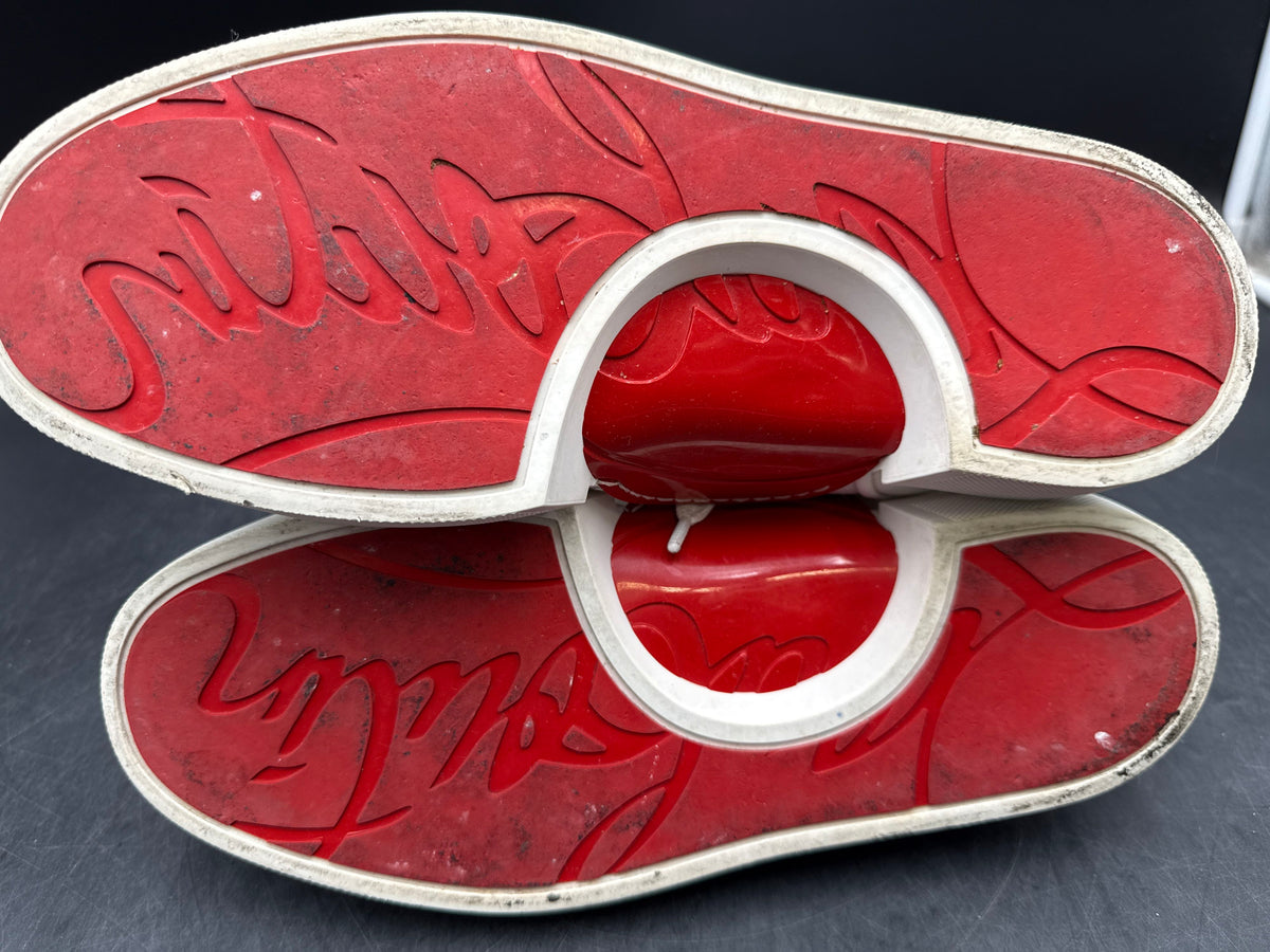Red Sole Louboutin Style White Pebbled Leather Low Top Sneakers Men's Size 41