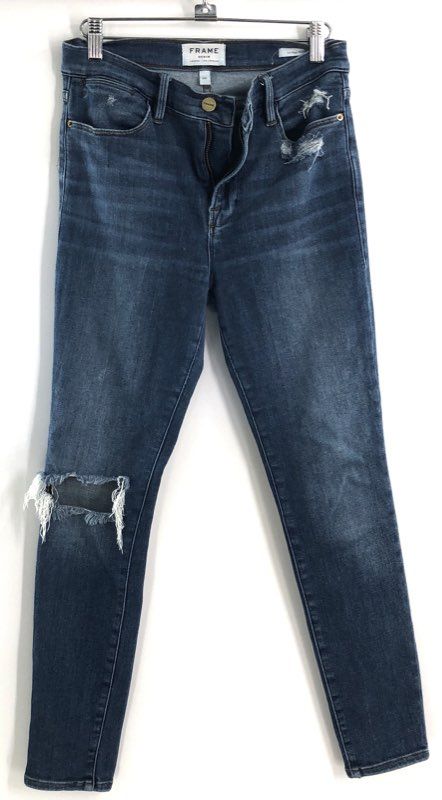 FRAME Women's Le High Skinny Saxon Jeans Blue Distressed Ripped High Rise Sz 28