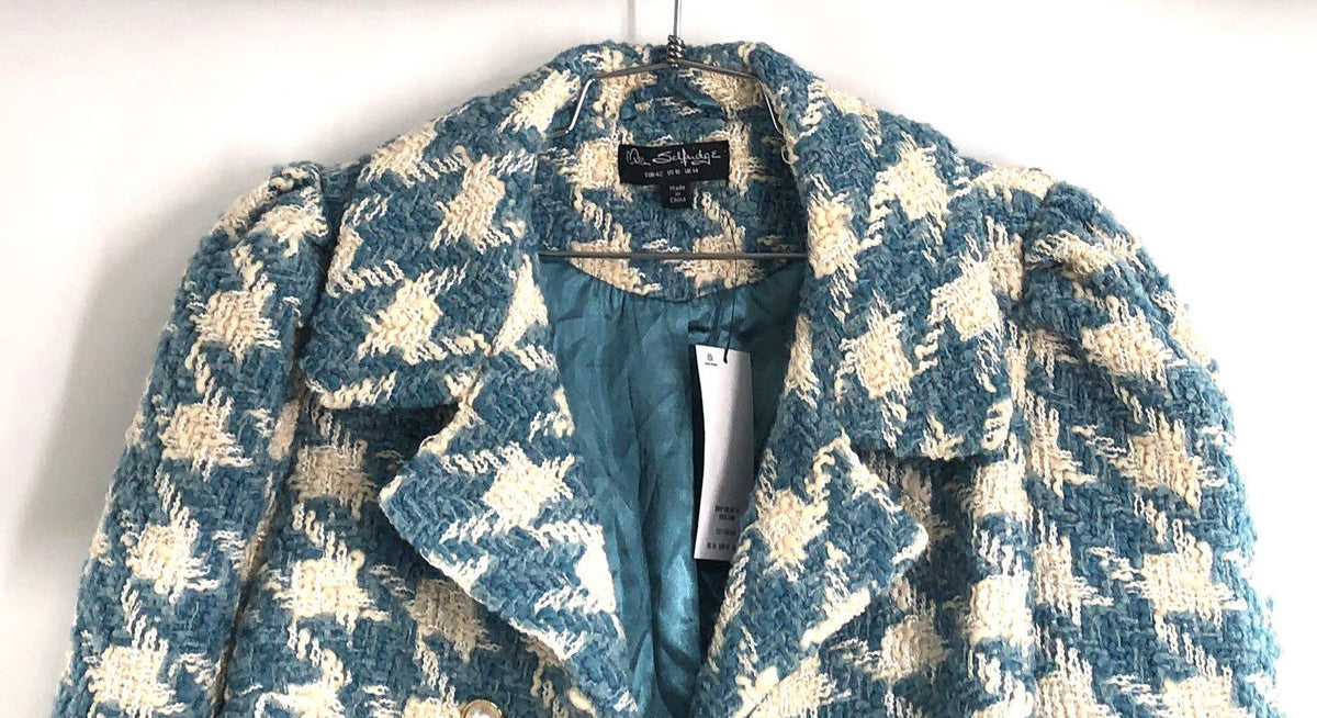 Miss Selfridge Women's Blue Houndstooth Cropped Pearl Button Jacket Sz 10 NWT