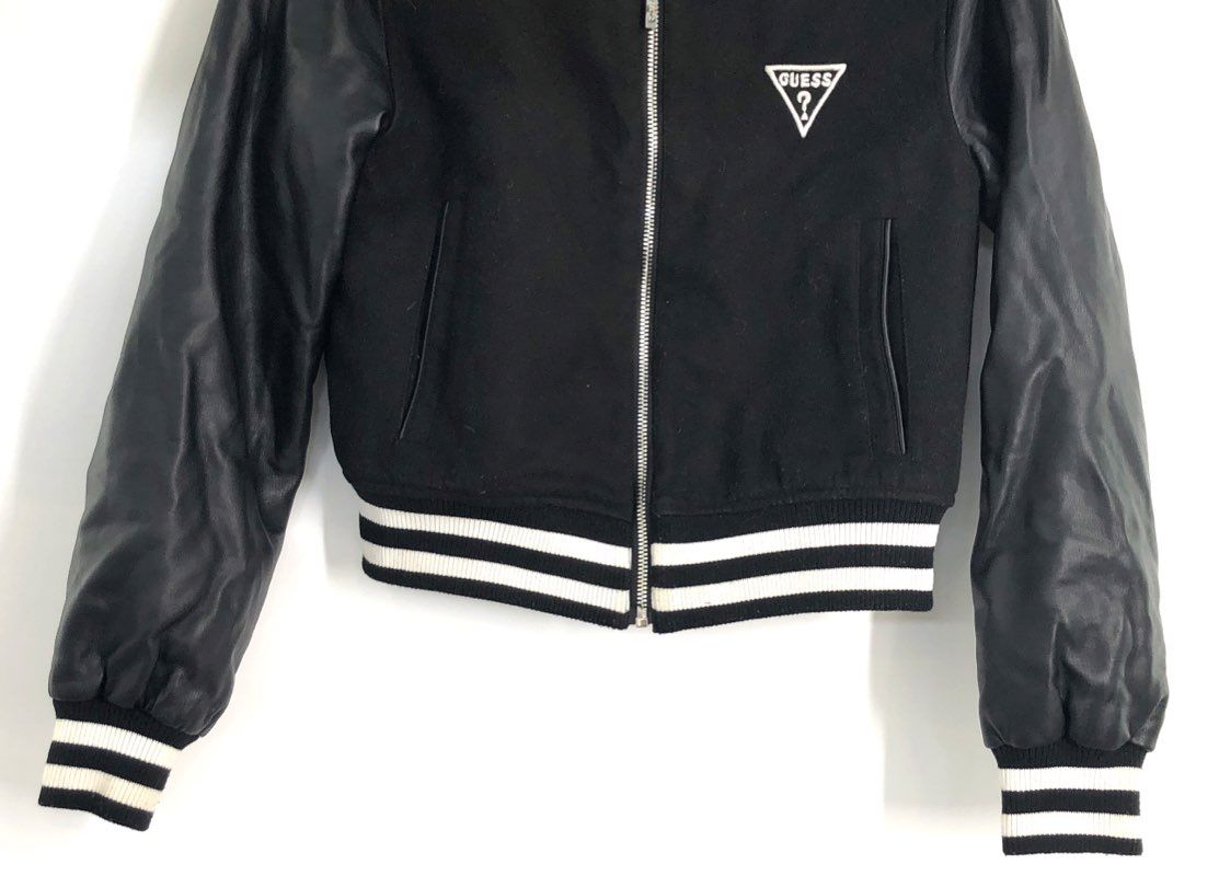 Guess Women's Black Varsity Bomber Jacket Faux Leather Sleeves Logo Back Sz XS
