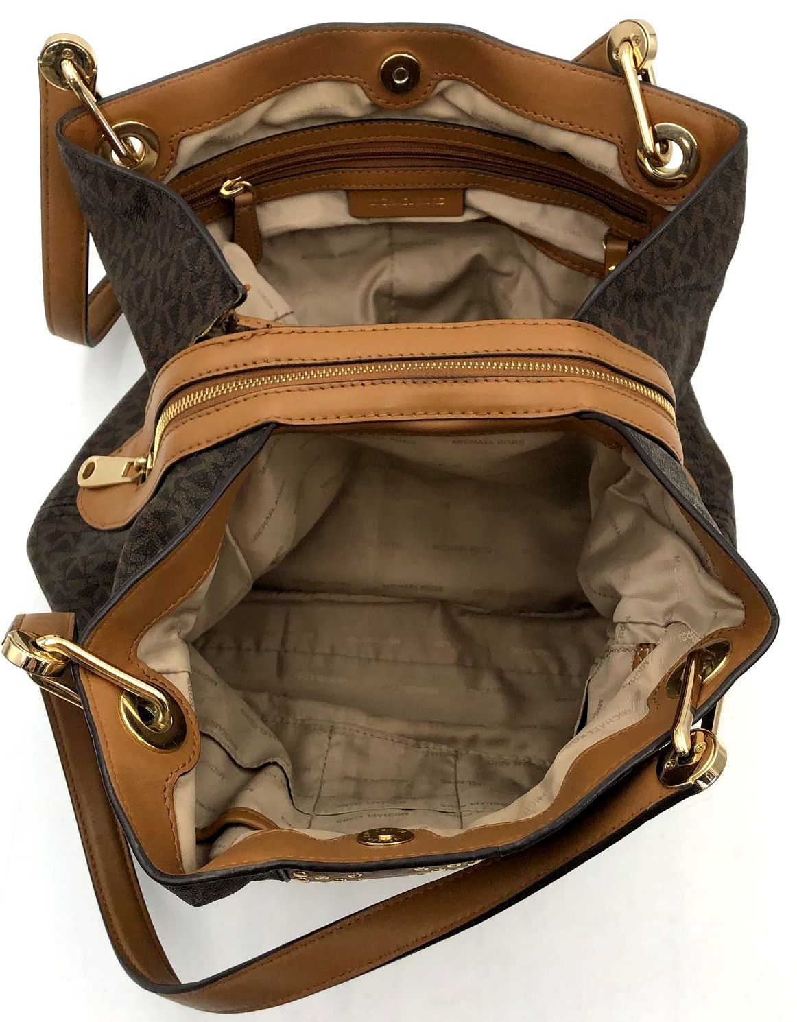 Michael Kors 'Raven' Signature Print Shoulder Bag w/ Leather Trim & Studs (+COA)