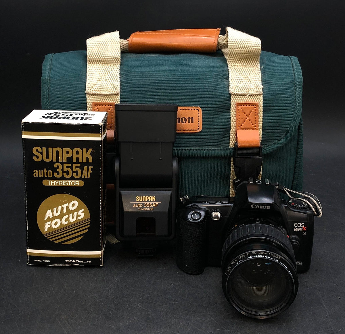 Vintage Canon EOS Rebel S 35mm SLR Camera + 35-105mm EF Lens & Sunpak Flash
