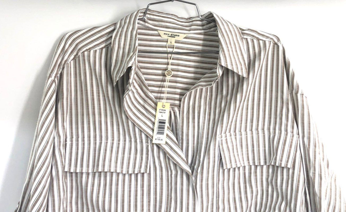 Max Studio London Women's Beige White Striped Roll Tab Popover Blouse NWT Sz L