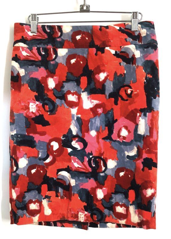 Vanessa Virginia Women's Red Abstract Floral Corduroy Pencil Skirt Sz 2