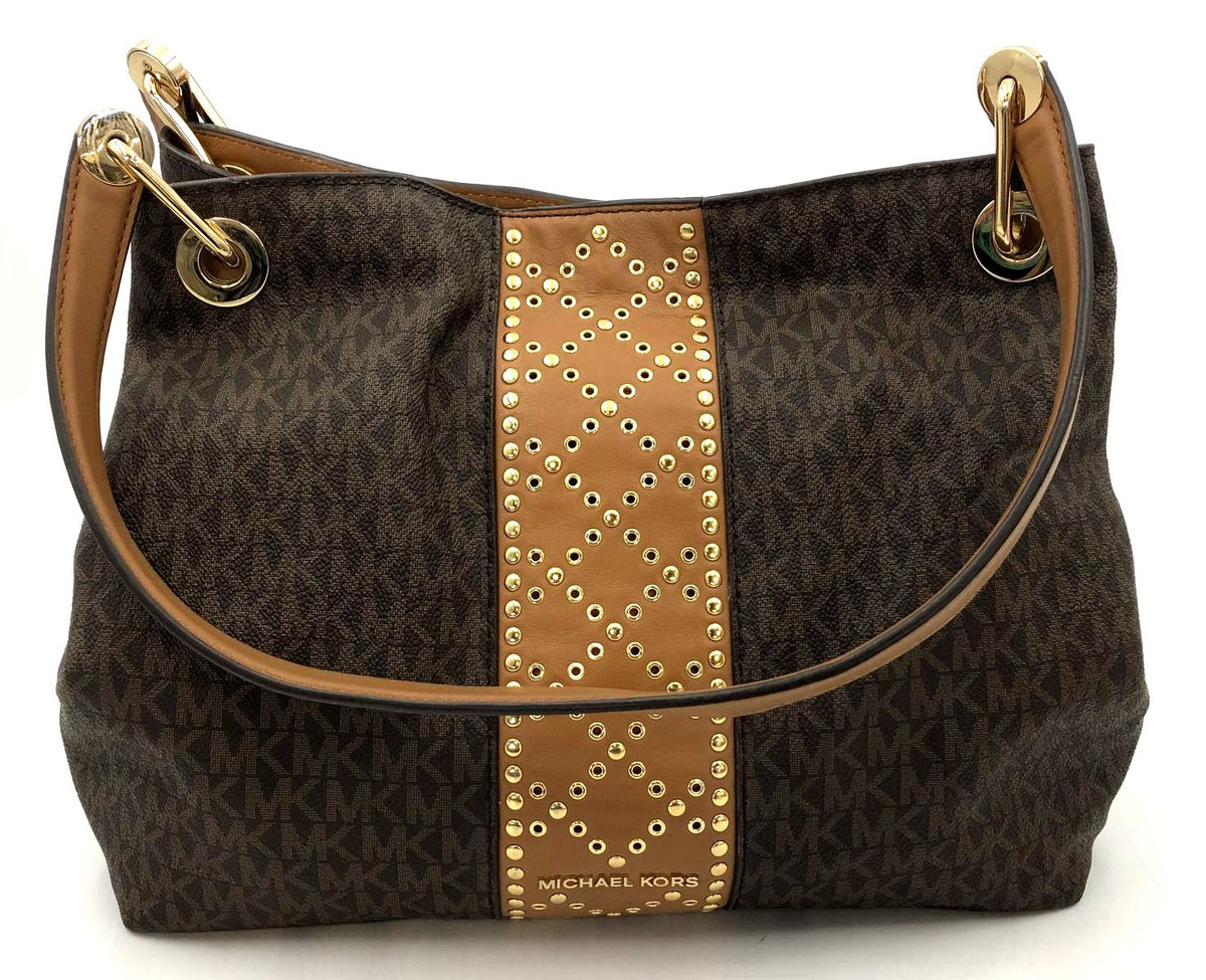 Michael Kors 'Raven' Signature Print Shoulder Bag w/ Leather Trim & Studs (+COA)