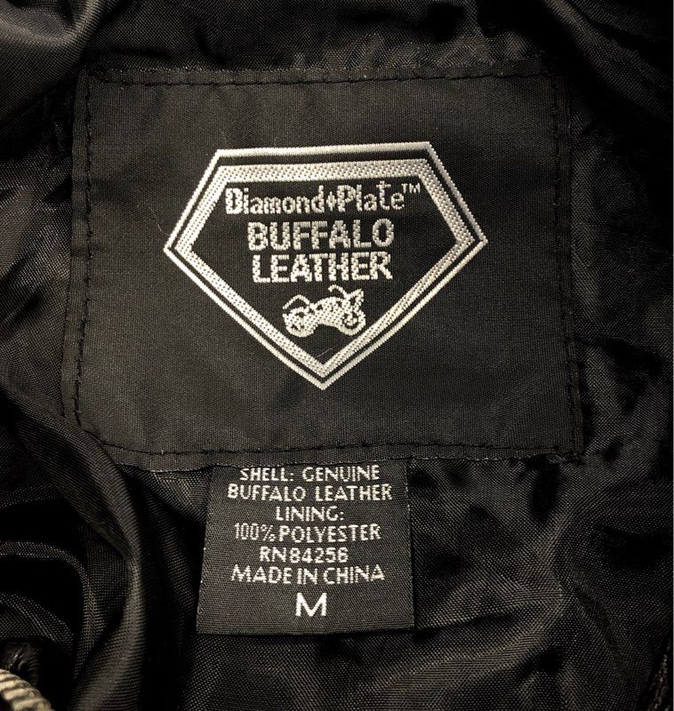 Vintage Diamond Plate Buffalo Leather Biker Motorcycle Jacket Patches Sz M
