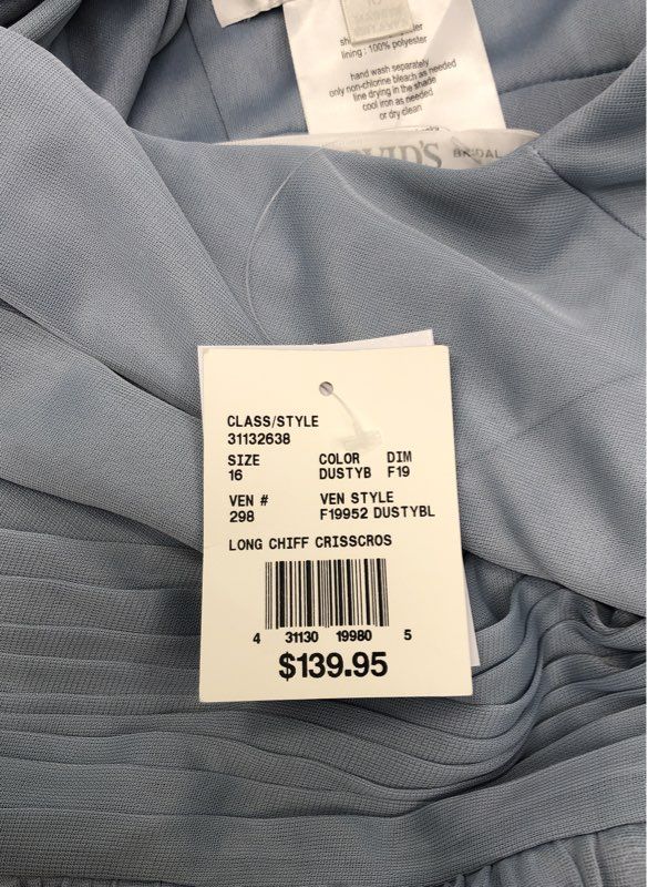 David's Bridal Women's Dusty Blue Chiffon Halter Gown Crisscross Sz 16 NWT