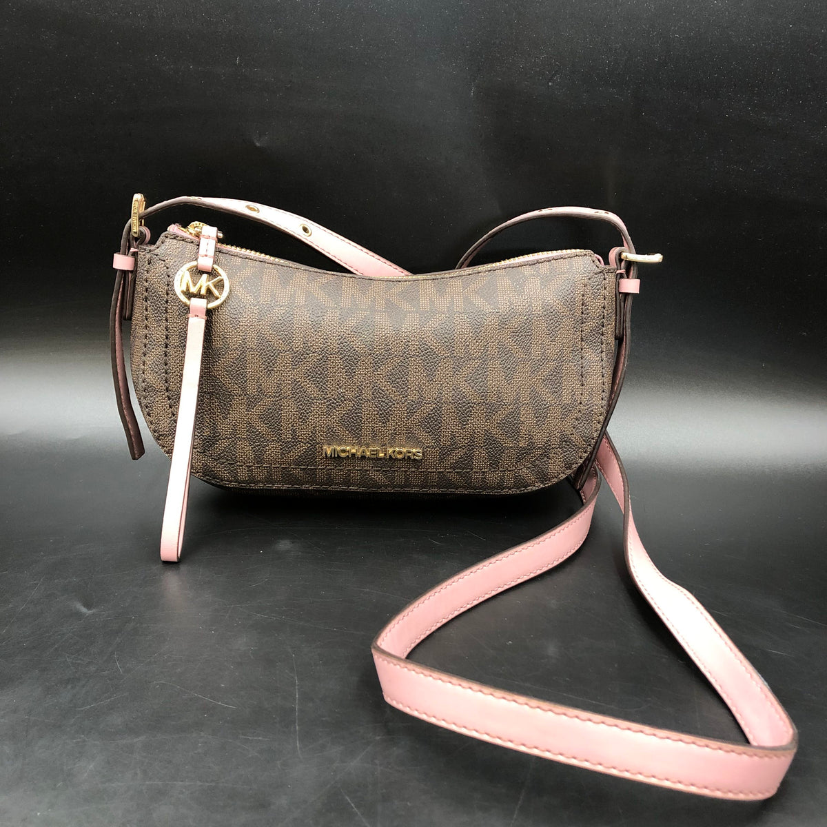 Michael Kors Brown Pink Jet Set Crescent Crossbody Bag Gold Hardware COA