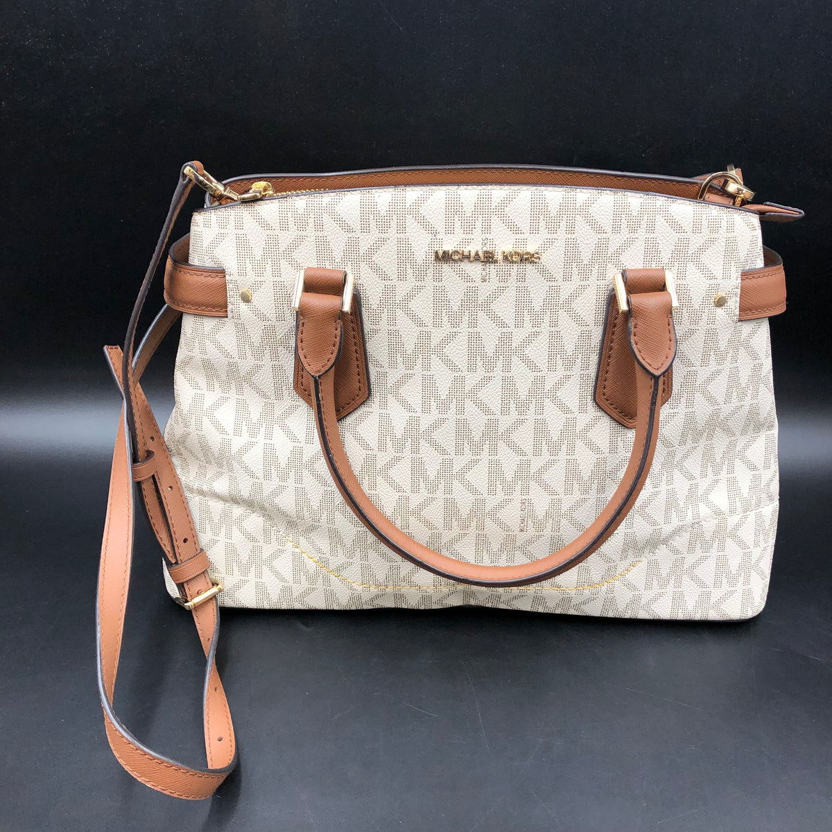 Michael Kors Ivory Brown Jet Set Logo Shoulder Satchel Bag Gold Hardware COA