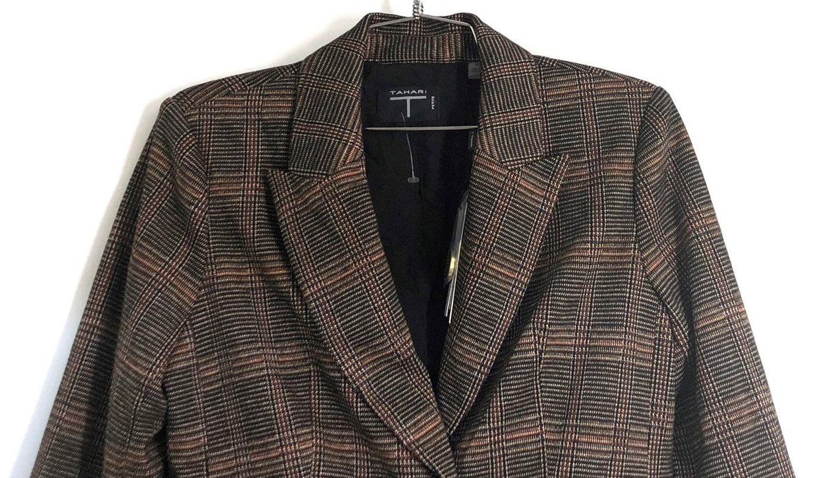 Tahari Women's Brown Black Plaid Petite Single Button Blazer Sz 6P NWT